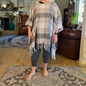 Wool Blend Part Two Grey Plaid Women's Fringe Poncho